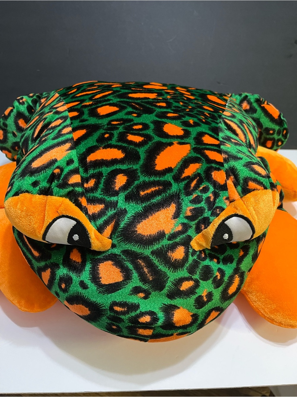 Plush Frog Stuffed Animal in Green & Orange Leopard Print